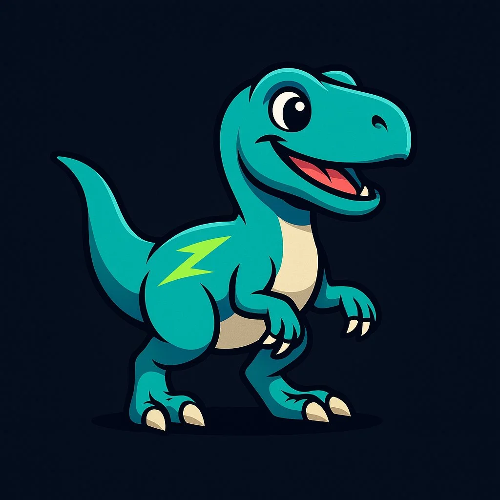 Friendly turquoise Zolociraptor mascot