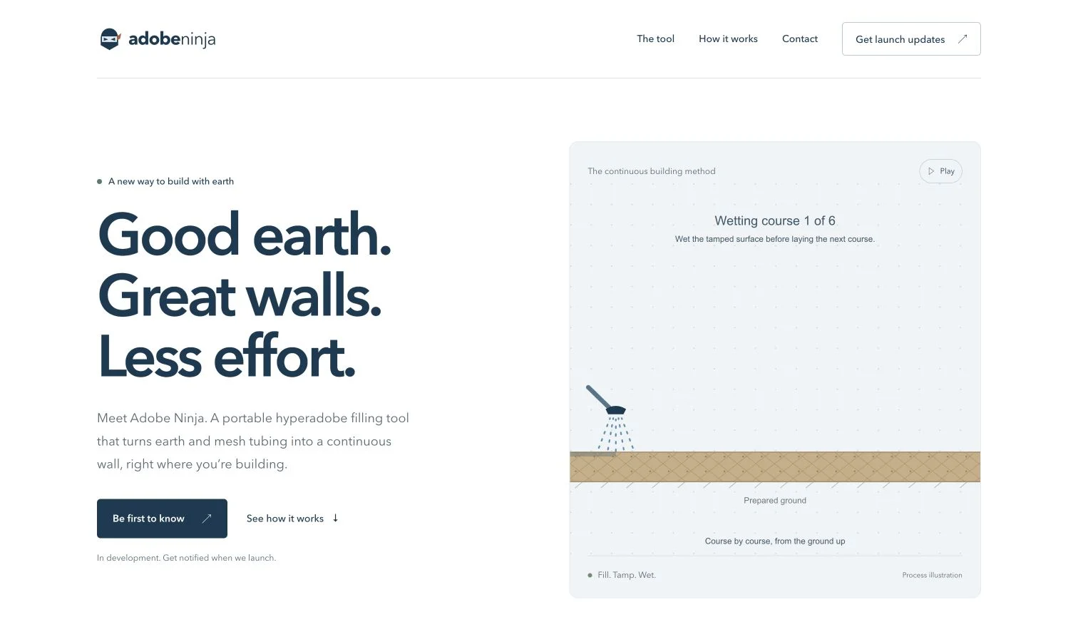 Adobe Ninja homepage introducing its portable earth-building tool and illustrated wall-building process